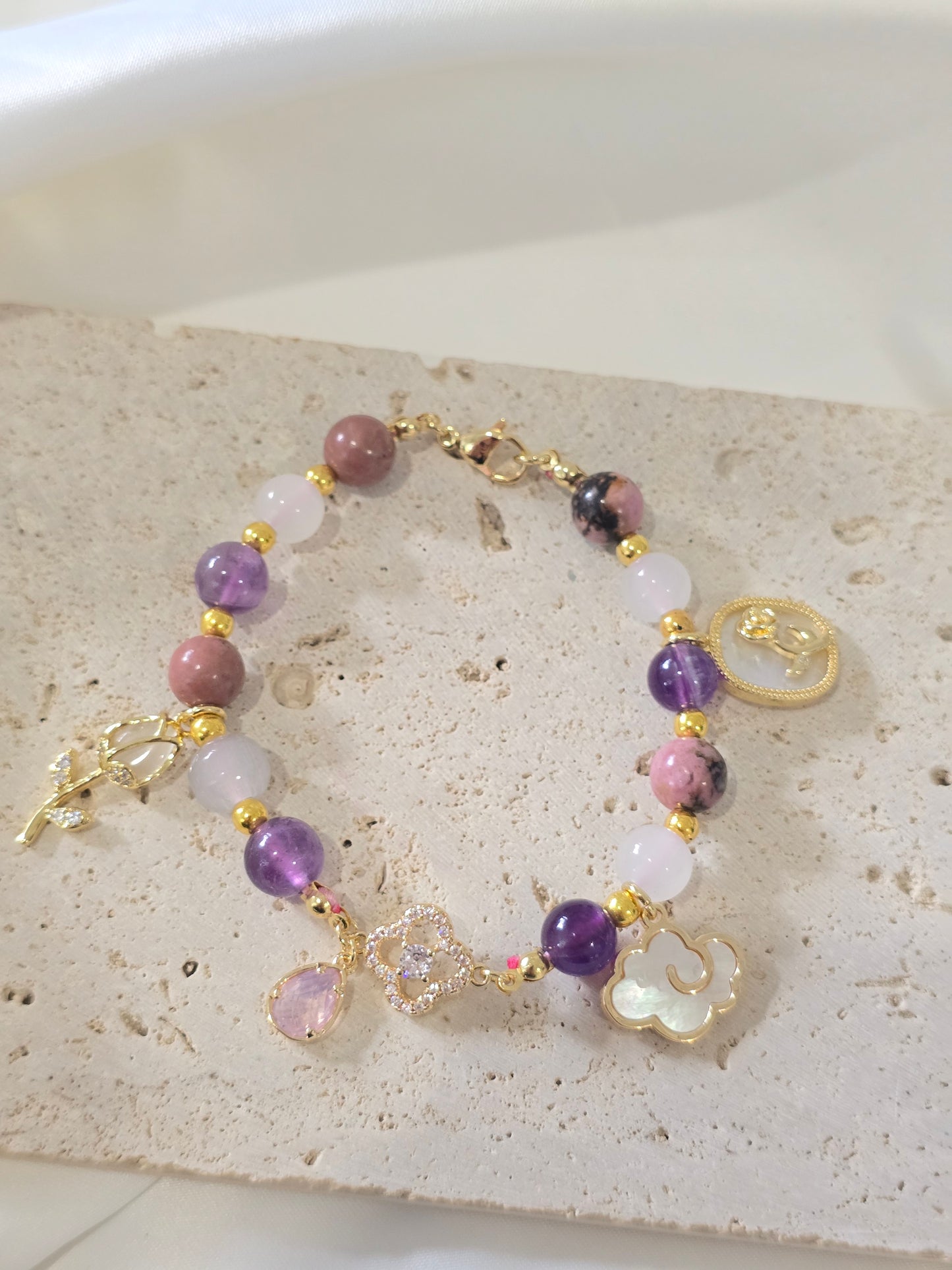 Whispers of Calm - AMETHYST, RHODONITE AND WHITE JADE STONE BRACELET