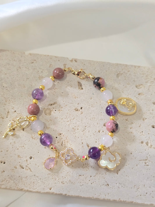 Whispers of Calm - AMETHYST, RHODONITE AND WHITE JADE STONE BRACELET
