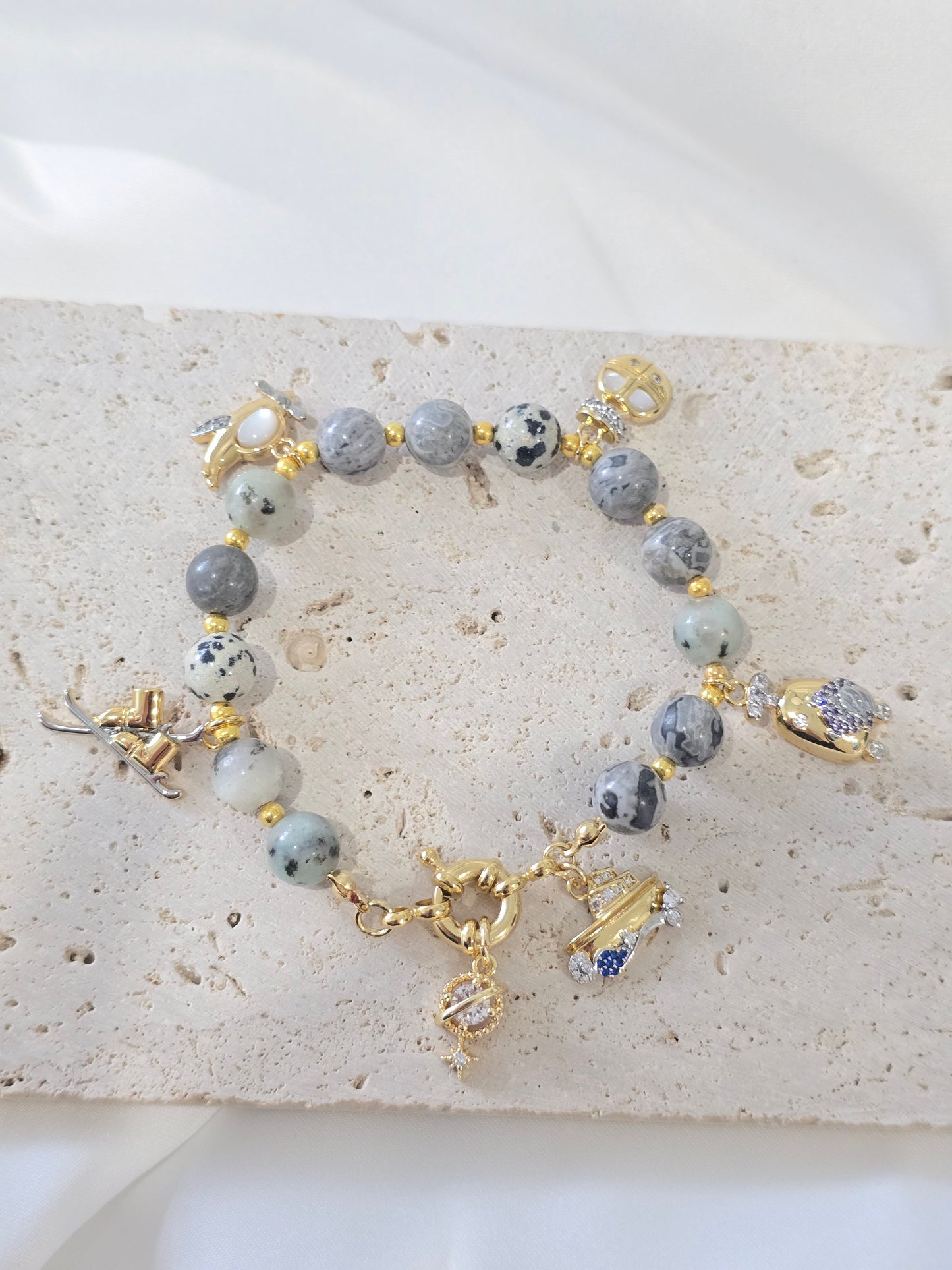 Wings of the World  - Dalmatian Jade, Sesame Jasper, and Map Jasper stones bracelet