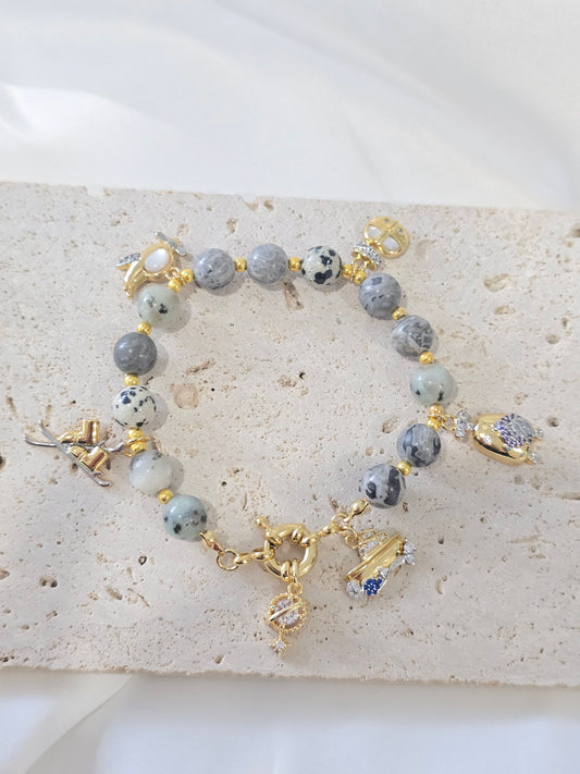 Wings of the World  - Dalmatian Jade, Sesame Jasper, and Map Jasper stones bracelet