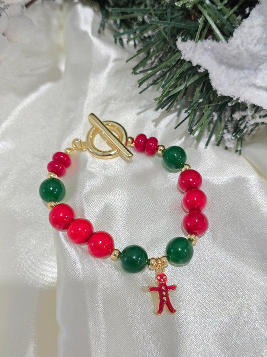 Gingerbread Joy- Green jade and red jasper CHRISTMAS BRACELET